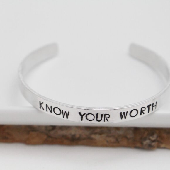 Know Your Worth - Hand Stamped Anodized Aluminum Bangle - Adjustable - Picture 8 of 11